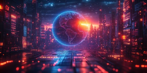 Obraz premium Dynamic Digital Globe with Floating Screens and Interconnected Multimedia Network in Futuristic Cyberpunk Style