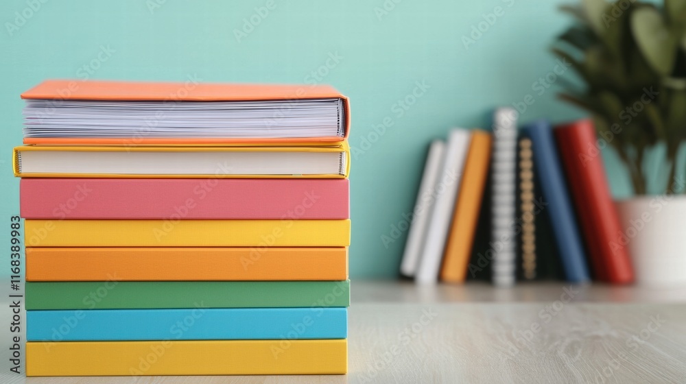 Poster colorful books stacked neatly on desk promoting organization and efficiency