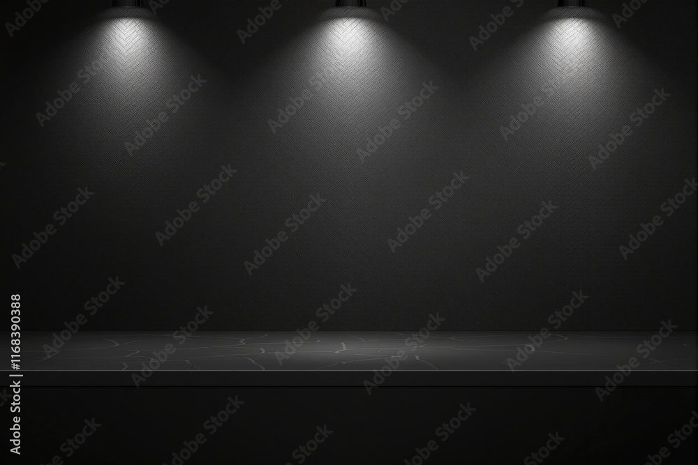 Poster Minimal black textured wall illuminated by spotlights with marble surface below, perfect for modern branding and product display.