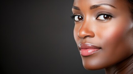 Fototapeta premium An intense close-up of a model gazing confidently towards the camera, her lips slightly parted as if mid-sentence. The lighting accentuates her cheekbones and gives depth to her skin tone, creating