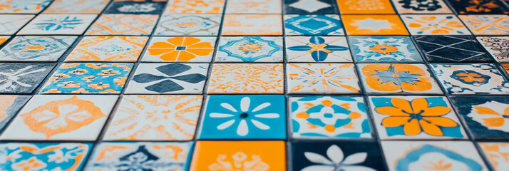 Fototapeta premium Colorful ceramic tiles in geometric pattern featuring blue, orange, and white designs create vibrant and artistic surface. intricate details add charm and character to any space