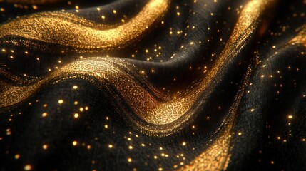 Abstract close-up of luxurious golden fabric with black background and golden streaks.