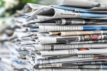 Stack of newspapers folded and arranged on a table with a blurred natural background.