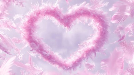 Fototapeta premium Ethereal Love: Delicate Pink Feathers Heart on Pastel Background Cinematic Image