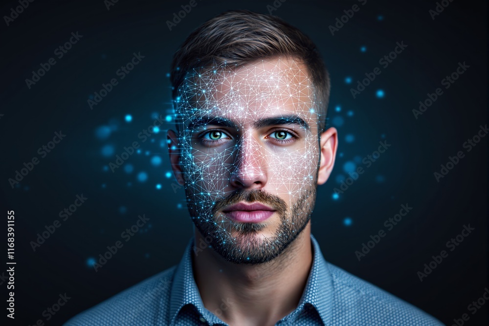 Poster man's face with digital facial recognition network on dark background.