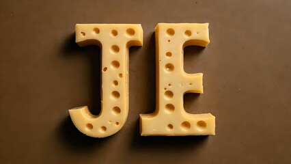 Swiss cheese letters J & E on brown background.  Perfect for food blogs, recipe websites, or dairy product advertising.