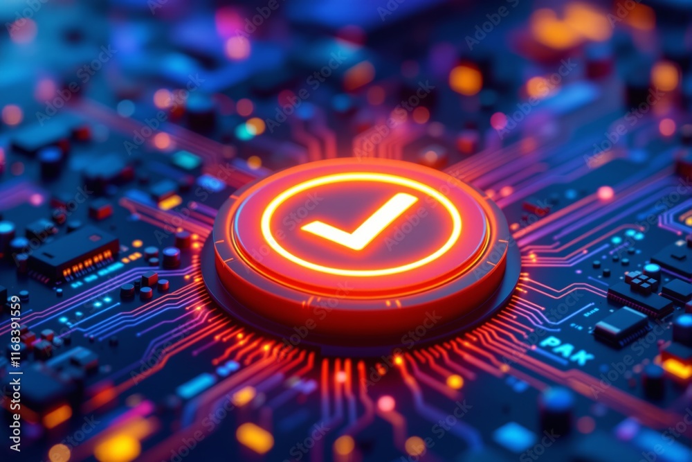 Aufkleber Glowing checkmark button on futuristic circuit board background concept.