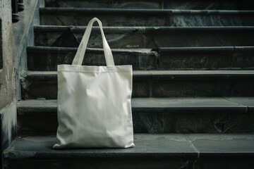 Blank white tote bag on stone steps. (10)