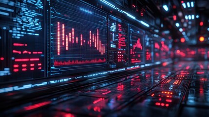 Futuristic Digital Trading Interface with Neon Blue and Red Candlestick Graphs and Dramatic Lighting in Cyberpunk Style