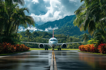 Airplane landing on a tropical runway surrounded by lush mountains and vibrant foliage near a remote destination