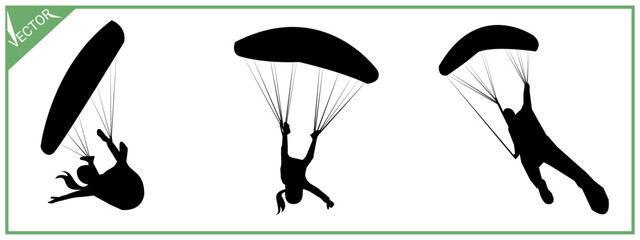 Skydiving, parachute, paragliding silhouette set.