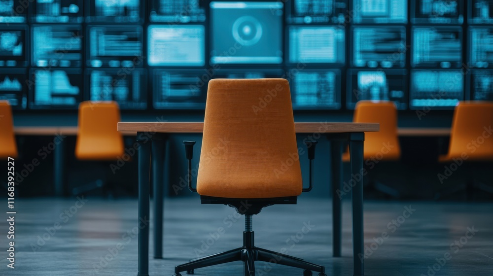 Poster Empty chair in high-tech office with digital screens showing data in background
