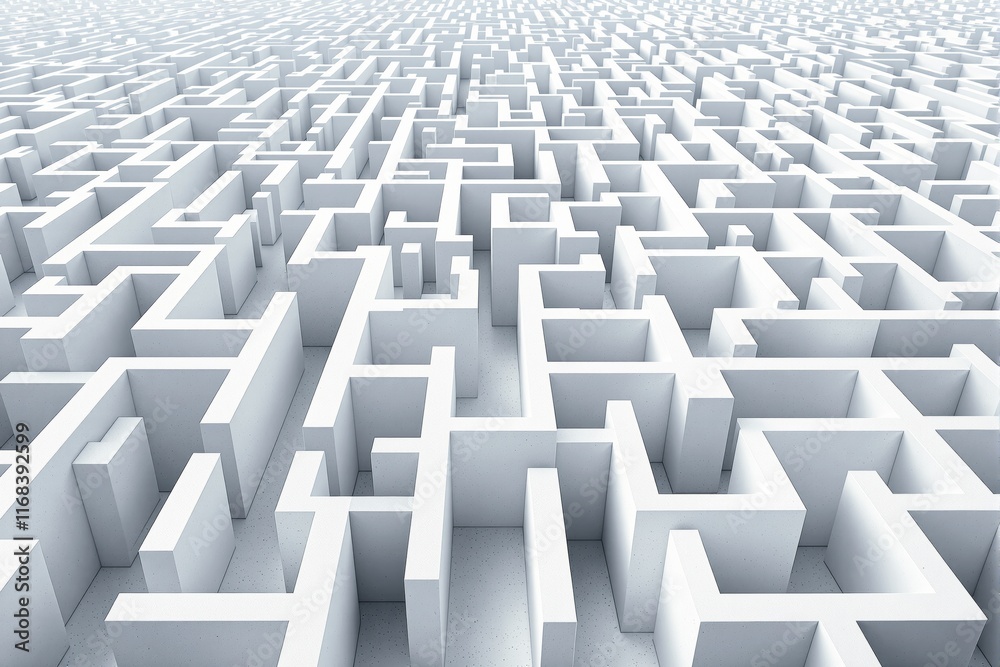 Poster abstract labyrinth with white walls and a bright background.