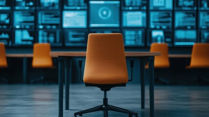 Empty chair in high-tech office with digital screens showing data in background