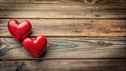 Valentines Day Background Two Red Hearts On Vintage Wooden Table, vintage, love gift,  vintage, love gift, red