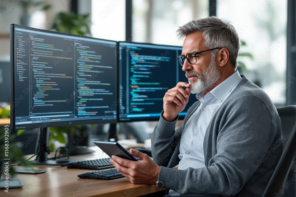 Poster professional programmer analyzing code on dual monitors in modern office environment.