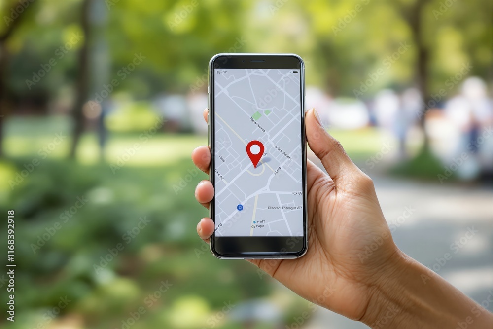 Poster hand holding smartphone with map application and location pin on screen in bright outdoor background