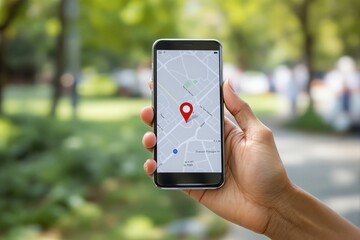 Hand holding smartphone with map application and location pin on screen in bright outdoor background.