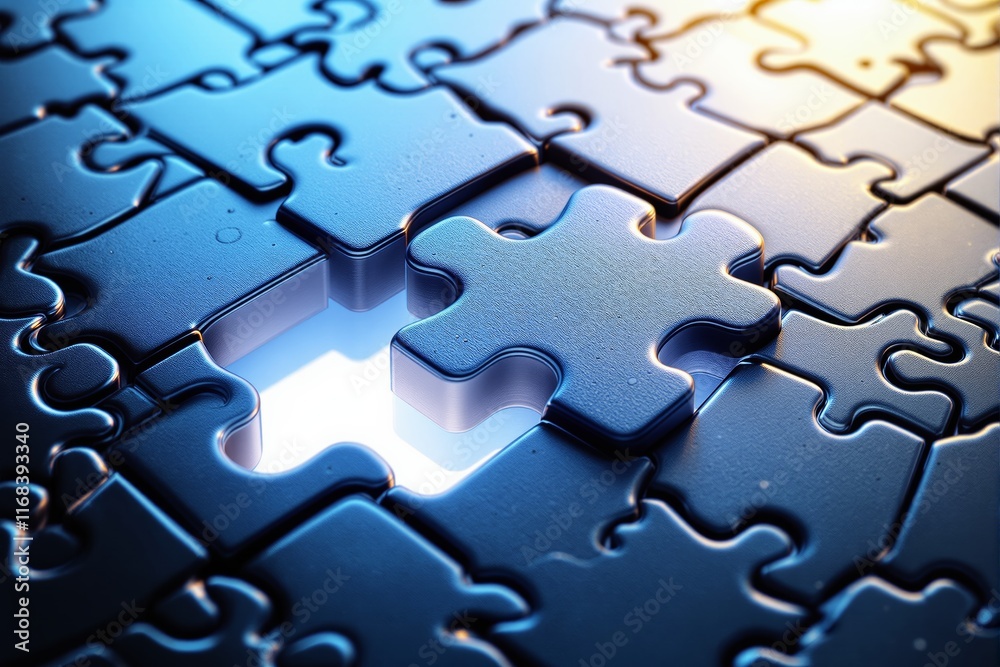 Poster close-up of blue puzzle pieces with one missing, glowing from light underneath, on a gradient backgr
