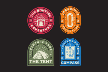 campfire barrel, camping tent, ruler compass, carabiner oval shape, bonfire, navigation retro badge logo vector design collection set for adventure, explorer, mountaineer, hiker and climber