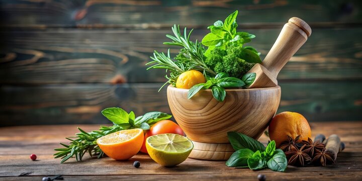Fresh herbs in mortar with wooden spoon and citrus fruits , citrus, seasonal produce ,  citrus