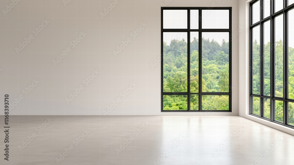 Poster Modern empty office overlooking green trees through large windows