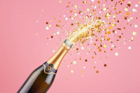 Champagne bottle popping with golden confetti and stars on a pink background. - Powered by Adobe