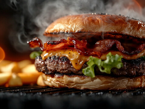 Gourmet Bacon Cheeseburger with Melted Cheddar, Crispy Bacon, and Fresh Lettuce 