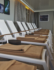 Clean futuristic design inside thermal suite relaxation spa wellness area on luxury cruiseship...