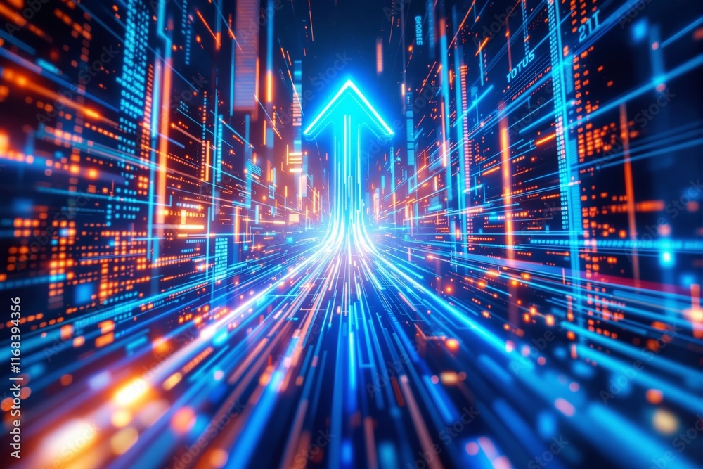 Poster Futuristic digital arrow glowing with bright light in a vibrant data flow background.