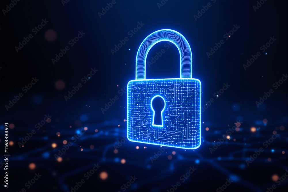 Poster Glowing blue padlock with circuit design on dark background symbolizing cybersecurity and data protection.