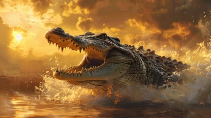 Crocodile Emerging from Water at Sunset
