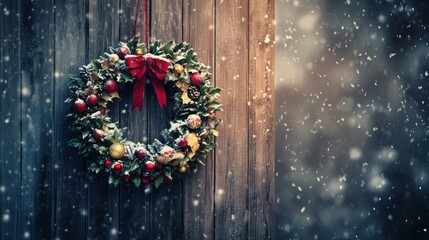 A festive holiday wreath hanging on a warmly lit wooden door, soft snowfall in the background
