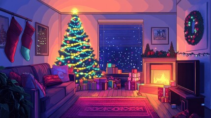 Obraz premium A festive living room decorated for Christmas with stockings, a tree glowing with fairy lights, and gifts