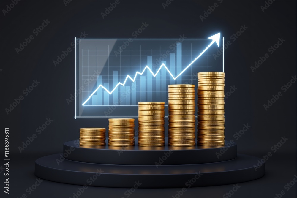 Poster stacked gold coins with glowing upward graph on dark background.