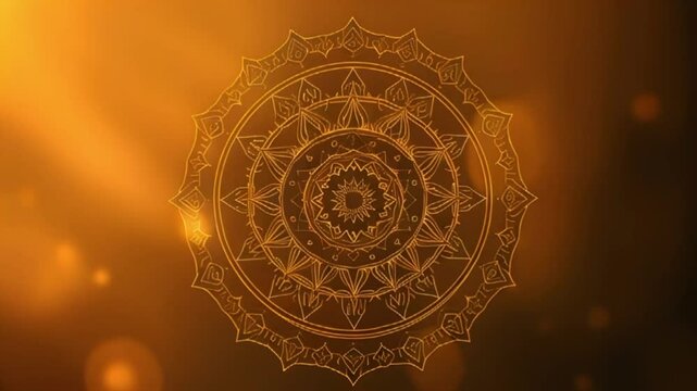 Golden mandala on glowing warm background, spiritual design, elegant and intricate pattern