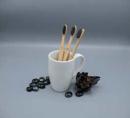 natural wooden toothbrush made of banboo wood. Organic household items, daily oral hygiene