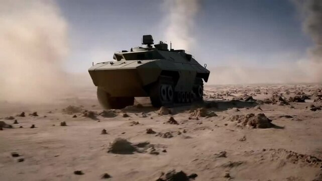 dynamic military armored vehicle navigating desert minefields in dramatic 4k stock footage