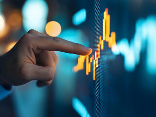 A hand points at a digital stock market chart, highlighting the upward trends represented by vibrant orange bars against a blurred backdrop.