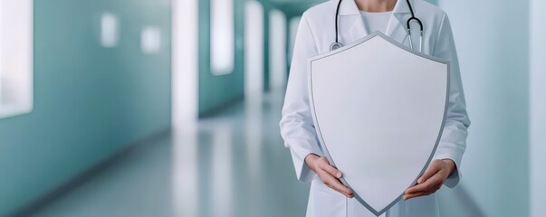 health info patient security concept. A healthcare professional holds a blank shield symbolizing protection in a hospital corridor.