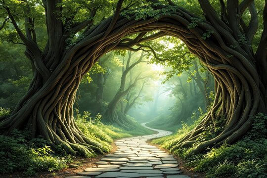 Enchanted forest path with twisted trees and soft sunlight filtering through lush green foliage.