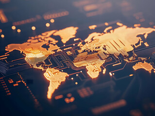 A digital world map with glowing golden outlines, representing global connectivity and technology in a modern design.