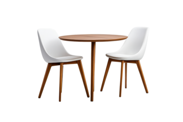 Modern Wooden Dining Table with White Leather Chairs Isolated on PNG