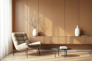 Minimalist modern living room with beige armchair, wooden wall panels, and decorative vases.