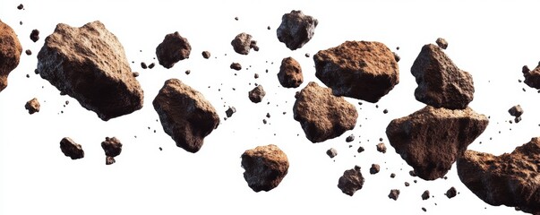 Asteroid field, space rocks, meteoroids, cosmic debris, isolated on white background.