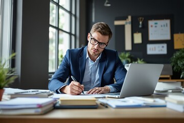 Fototapeta premium Focused businessman working at a desk with a laptop in a modern office environment.