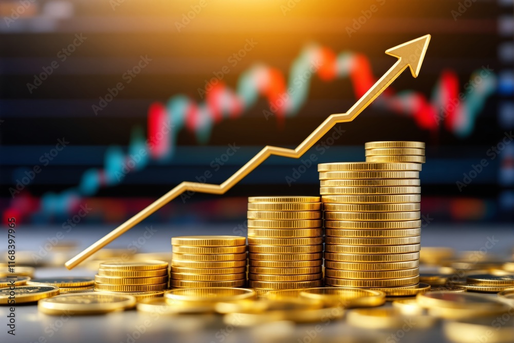 Poster stacked gold coins with upward arrow and stock chart background illustrating financial growth concep
