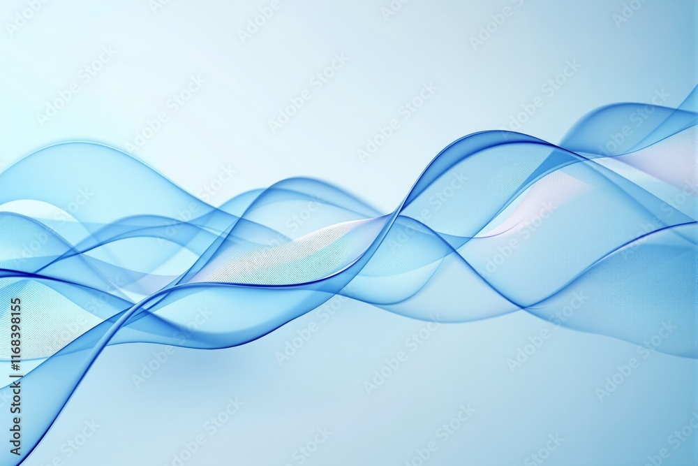 Poster abstract blue flowing waves on light gradient background.