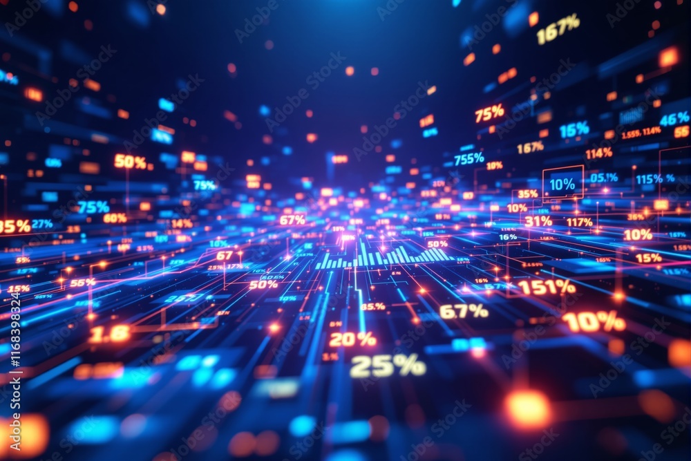 Poster Digital data visualization with glowing percentages and graphs on dark background.