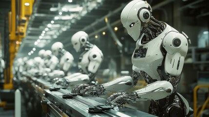 Fototapeta premium A futuristic image showing humanoid robots working together in a factory, sleek metallic designs